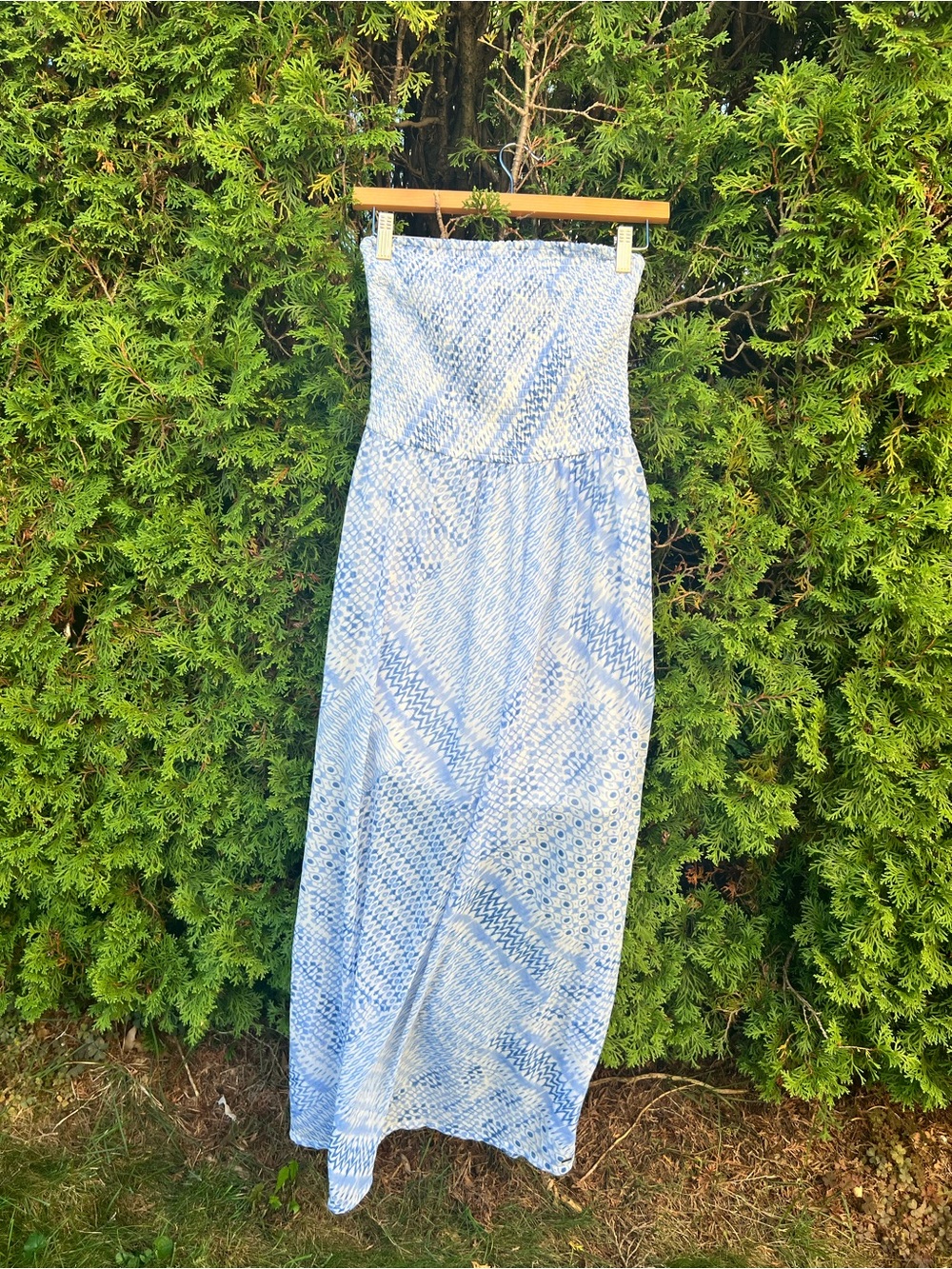 Smocked Strapless Dress in Light Blue Pattern